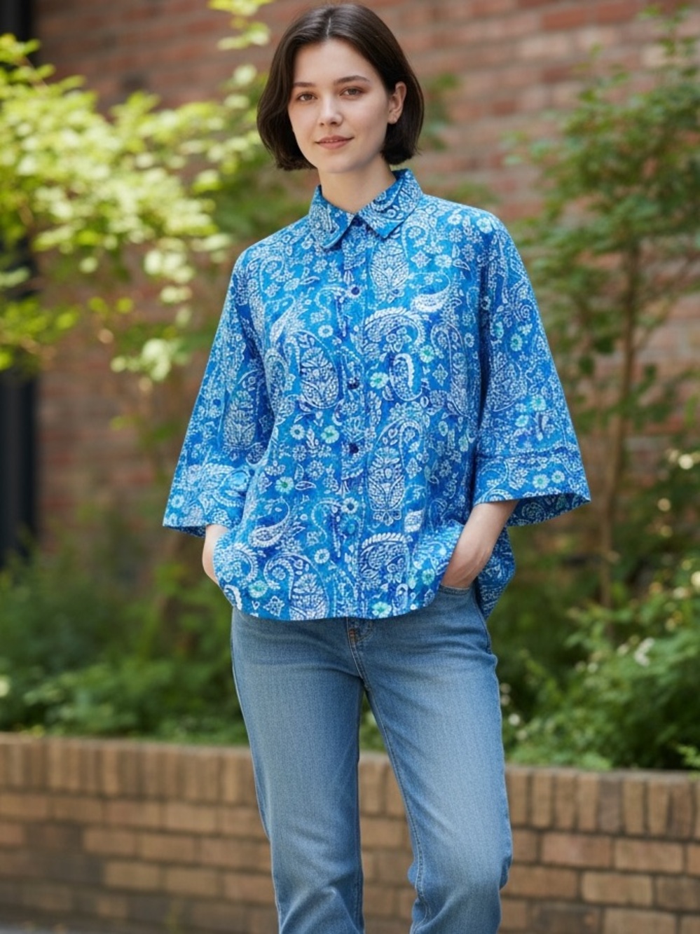 Blair Button Front Blouse Women’s L Teal Floral Paisley 3/4 Sleeve